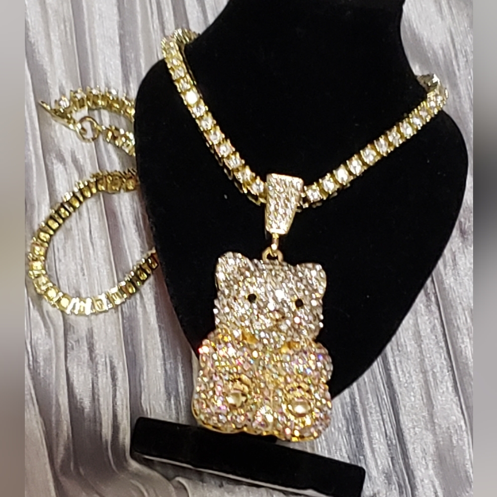 New Beautiful 30" Tennis Chain Necklace with Blinged Out Bear Pendant